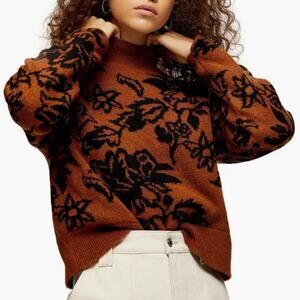 Topshop Floral Jacquard Sweater M | Brown Cinnamon Black Mockneck Soft Pullover